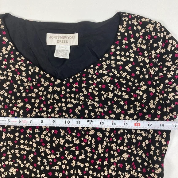 Jones New York Midi Dress Size 12 Women Black Floral Short Sleeve V Neck Pull On - Picture 8 of 16